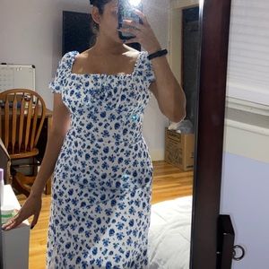 Blue and white midi floral dress
